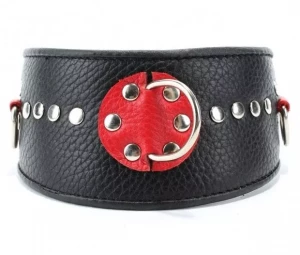 Черно-красный кожаный ошейник с металлическими клепками