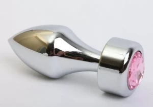 Серебристая анальная пробка с широким основанием и розовым кристаллом - 7,8 см.