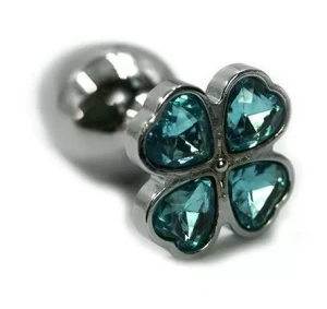 Серебристая анальная пробка с нежно-голубым цветком из кристаллов - 6 см.