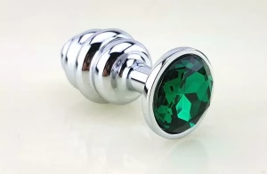 Серебристая рифлёная пробка с зеленым кристаллом - 9 см.