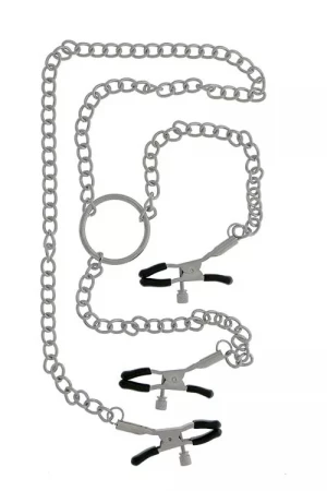 Клипсы на соски, соединённые цепью с зажимом для клитора