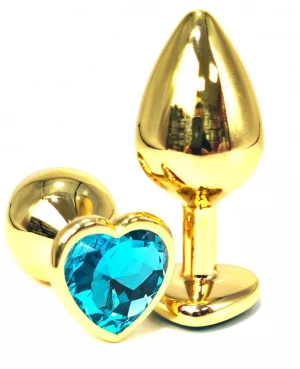 Золотистая анальная пробка с голубым кристаллом-сердцем - 6 см.