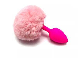 Ярко-розовая анальная пробка размера S с нежно-розовым хвоcтиком зайки