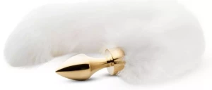 Золотистая анальная пробка с белым пушистым хвостом Fox Tail Plug