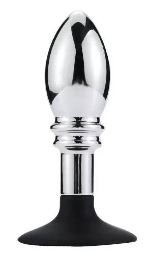 Серебристая рельефная анальная пробка на чёрной присоске - 12 см.