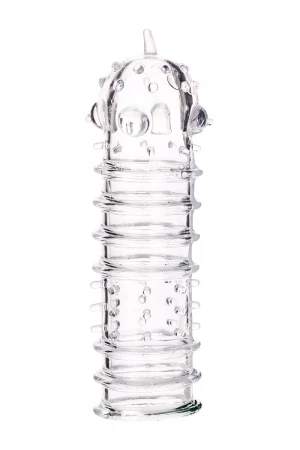 Прозрачная насадка на пенис TOYFA A-Toys с ребрами и точками - 15,3 см.