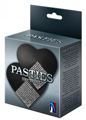 Черные пэстисы-сердечки с серебристыми стразами